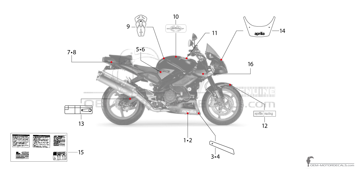 Adesivi per Aprilia RSV TUONO 1000 IE 2004 - Nero • Aprilia Adesivi OEM